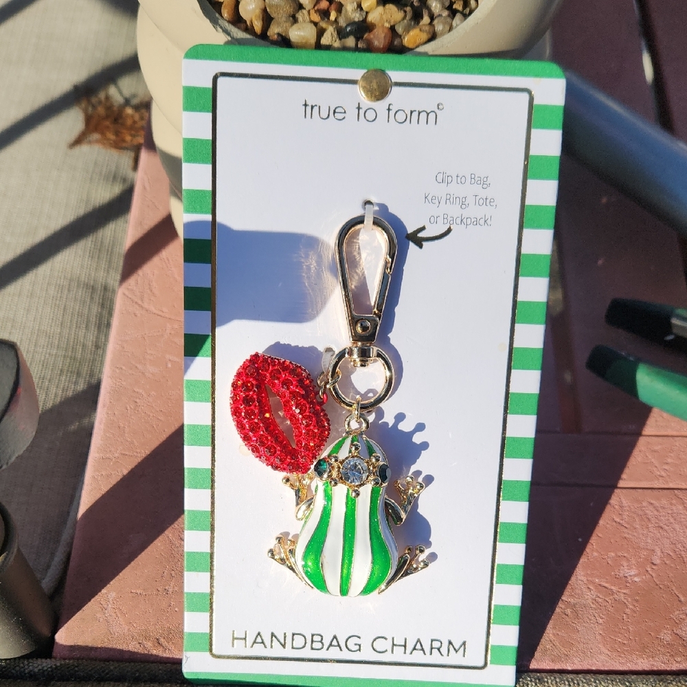 True to Form Kiss The Frog Green & White Striped W Lips Bling Key/Bag Charm NWT